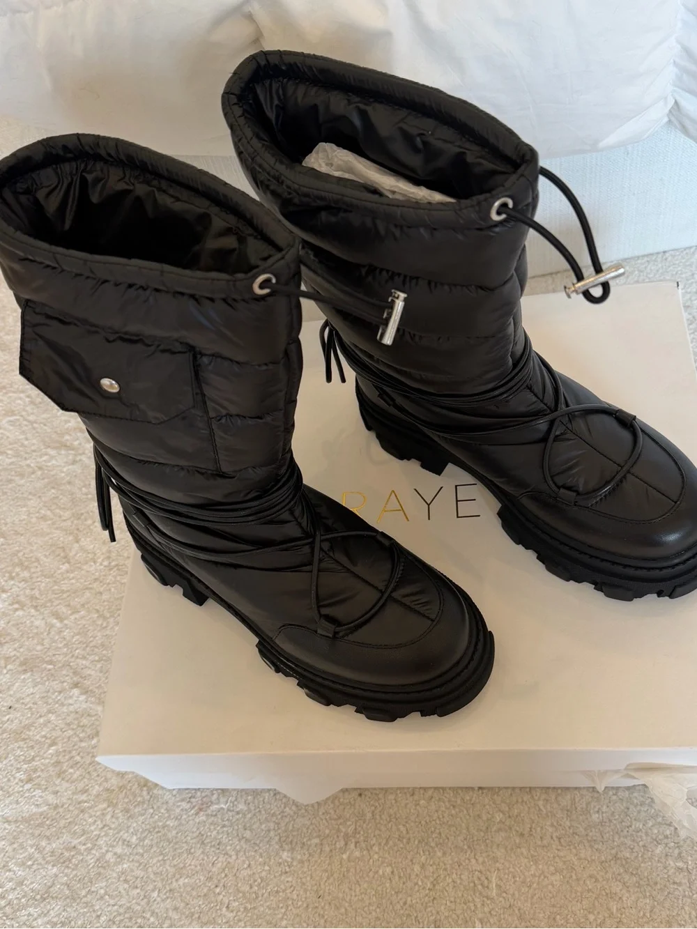 RAYE Black Quilted Puffer Winter Boots with Lug Sole
